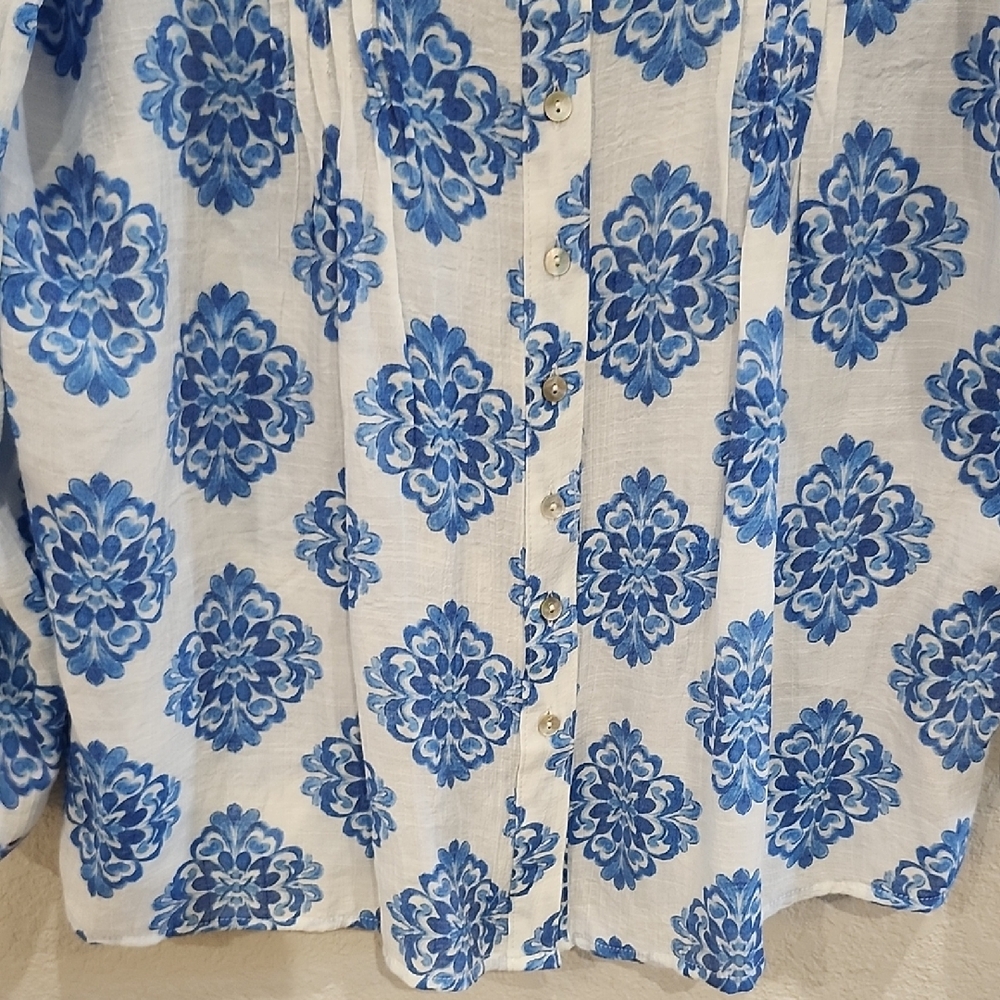 Nanette Lepore Pintuck Pleats Blue White Resortwear Patterned Tunic Blouse Small - Picture 6 of 9